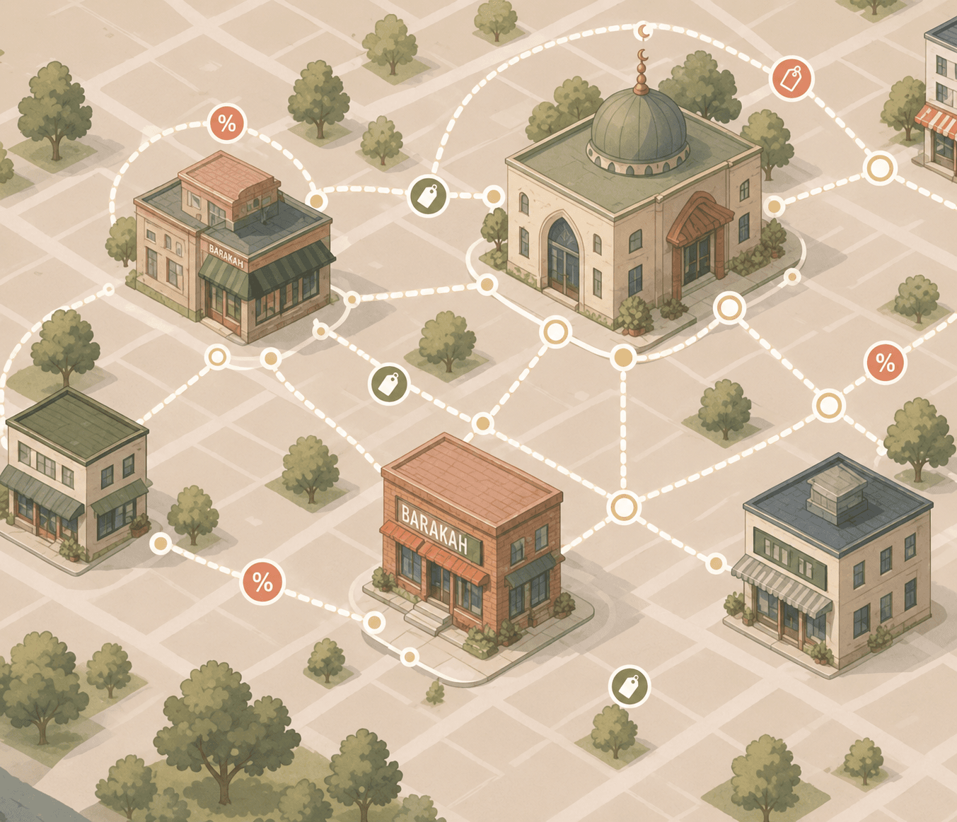 Map-style Barakah community network of businesses, members, and causes