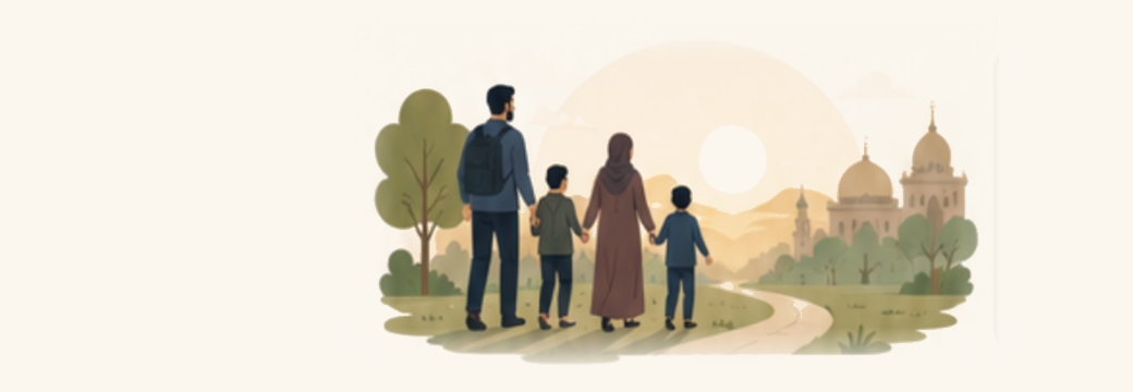 Family walking together toward a bright community future