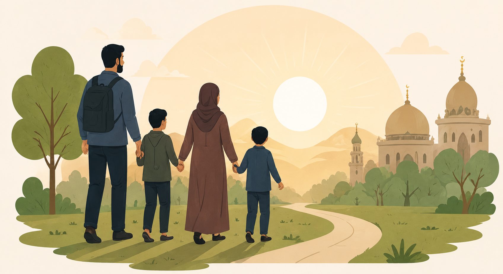 Family walking together toward a bright community future